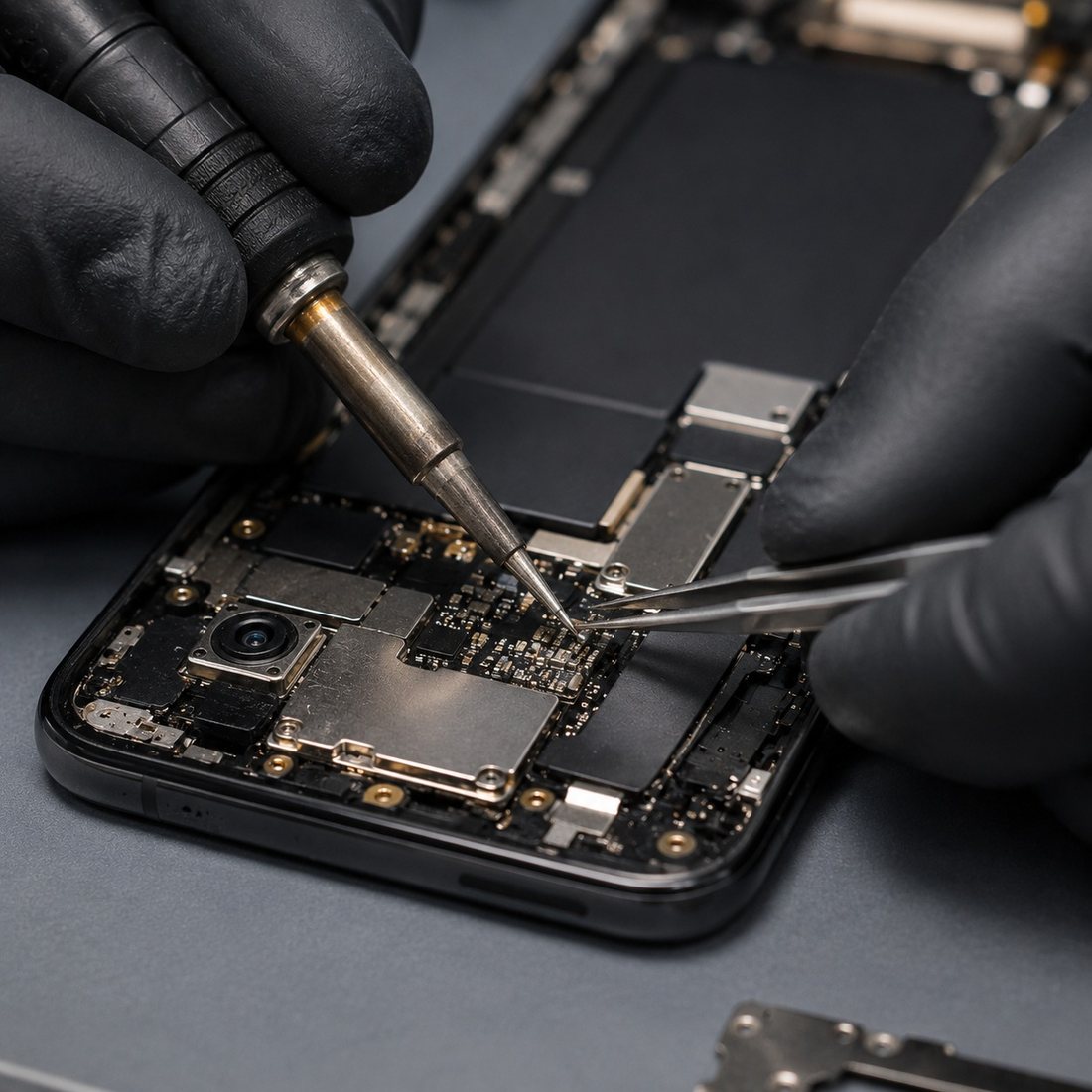 Trabajo de microsoldadura sobre la placa de un iPhone